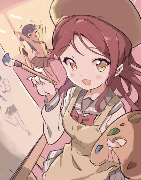 Anime picture 628x800 with love live! sunshine!! sunrise (studio) love live! sakurauchi riko tsushima yoshiko rassie s long hair tall image looking at viewer blush open mouth standing multiple girls holding yellow eyes red hair pleated skirt outstretched arm standing on one leg trembling