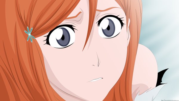 Anime picture 5334x3000 with bleach studio pierrot inoue orihime franco000000 highres wide image absurdres orange hair coloring close-up vector silver eyes girl hair ornament