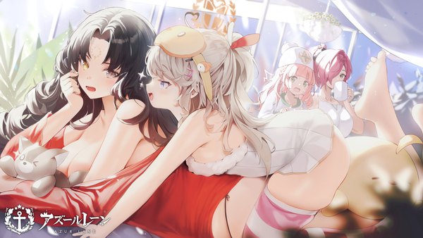 Anime picture 7111x4000 with azur lane manjuu (azur lane) roma (azur lane) trieste (azur lane) alfredo oriani (azur lane) pompeo magno (azur lane) gogoco long hair looking at viewer blush fringe highres short hair breasts open mouth light erotic black hair smile wide image large breasts