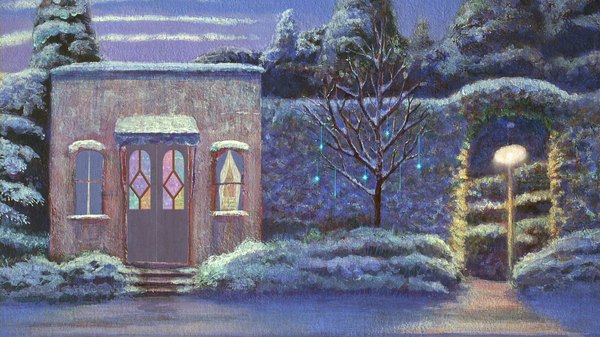 Аниме картинка 1920x1080 с время ибларда высокое разрешение широкое изображение зима снег традиционные материалы скриншот растение (растения) дерево (деревья) фонарь дом витражное стекло