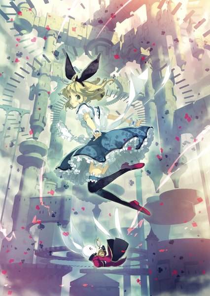 Anime picture 2342x3300 with alice in wonderland original eshi 100-nin ten alice (alice in wonderland) white rabbit ueda ryou single tall image looking at viewer blush highres short hair blonde hair green eyes full body looking back scan midair girl thighhighs