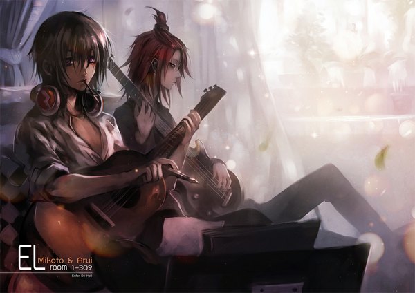 Anime picture 1052x744 with original enferdehell short hair brown hair red hair profile pink eyes realistic mouth hold boy shirt headphones curtains musical instrument guitar