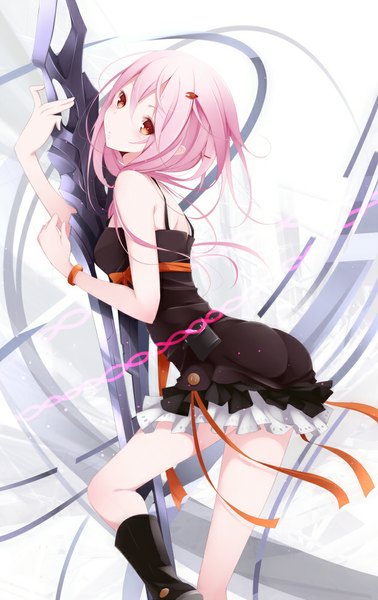 Anime picture 630x1000 with guilty crown production i.g yuzuriha inori kisaichi jin single long hair tall image red eyes pink hair girl dress hair ornament weapon sword boots bracelet hairclip