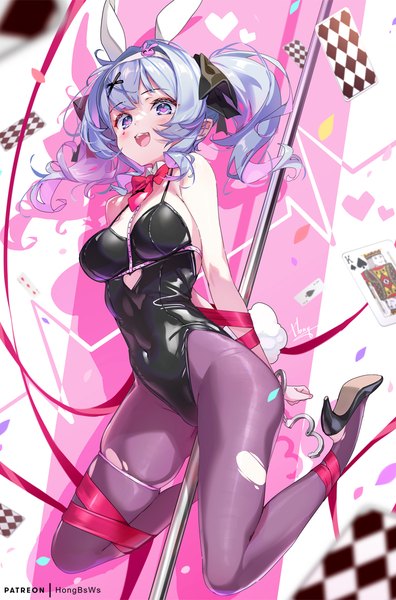 Anime-Bild 792x1200 mit vocaloid rabbit hole (vocaloid) hatsune miku hong (white spider) single long hair tall image open mouth blue eyes light erotic twintails animal ears blue hair tail :d animal tail high heels bunny ears covered navel skindentation