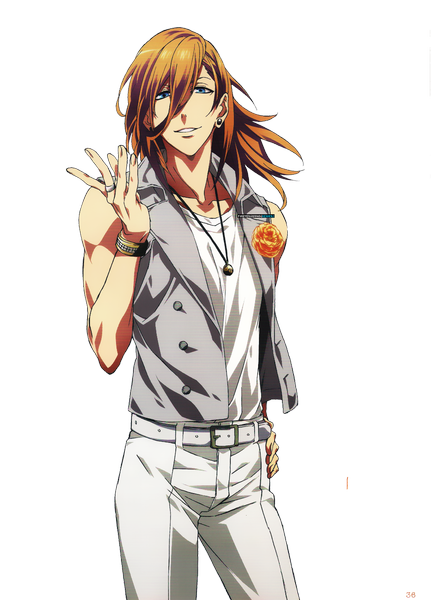 Anime picture 1000x1386 with uta no prince-sama a-1 pictures jinguji ren gikwang single long hair tall image looking at viewer fringe blue eyes smile brown hair standing hand on hip transparent background muscle rendered boy flower (flowers) earrings