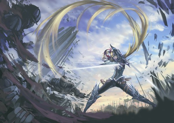 Anime picture 1528x1080 with original madyy single looking at viewer blonde hair green eyes sky cloud (clouds) ponytail very long hair fighting stance knight girl boy ribbon (ribbons) weapon hair ribbon sword belt armor