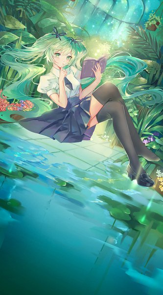 Anime picture 886x1594 with vocaloid hatsune miku qie single long hair tall image twintails green eyes green hair puffy sleeves crossed legs reading single shoe girl thighhighs skirt black thighhighs water book (books) black skirt