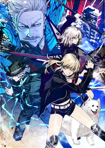 Anime picture 645x911 with fate (series) fate/grand order artoria pendragon (all) jeanne d'arc (fate) (all) jeanne d'arc alter (fate) saber alter edmond dantes (fate/grand order) james moriarty (fate) cavall the 2nd pizaya long hair tall image looking at viewer fringe short hair blue eyes blonde hair hair between eyes multiple girls holding