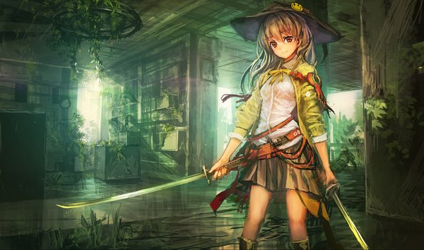 Anime picture 1400x827 with original lm7 (op-center) single long hair red eyes brown hair wide image light smile open clothes open jacket girl skirt weapon plant (plants) hat sword jacket belt
