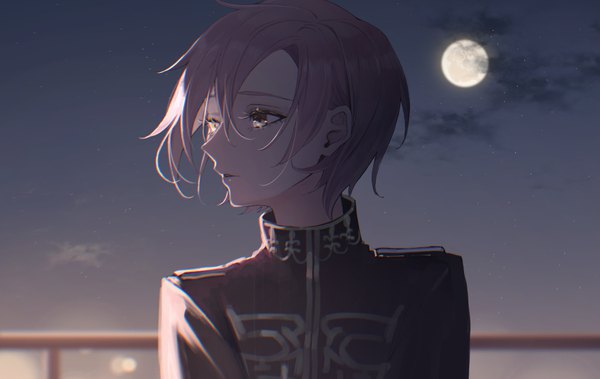 Anime picture 3728x2356 with jack jeanne tachibana kisa magako single fringe highres short hair hair between eyes brown eyes looking away absurdres sky upper body parted lips profile grey hair blurry night night sky turning head