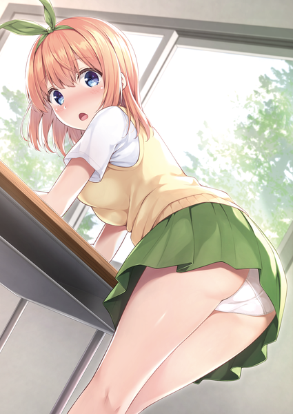 Anime picture 2508x3541 with go-toubun no hanayome nakano yotsuba karutamo single tall image looking at viewer blush fringe highres short hair breasts open mouth blue eyes light erotic hair between eyes standing indoors pleated skirt looking back orange hair