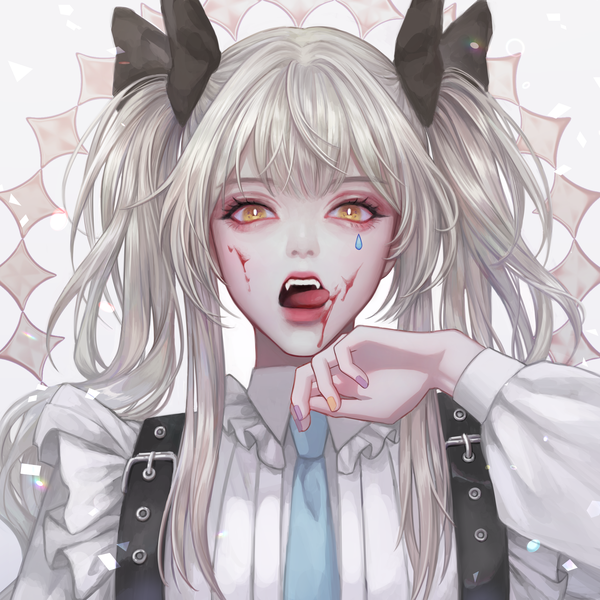 Anime picture 4000x4000 with original chenmyo single long hair looking at viewer fringe highres open mouth simple background twintails brown eyes absurdres silver hair upper body blunt bangs long sleeves nail polish arm up fingernails fang (fangs)