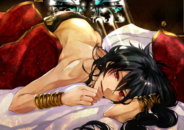 Anime picture 1024x725 with magi the labyrinth of magic a-1 pictures judal funakoshi ha akage mosuki single long hair open mouth light erotic black hair smile red eyes lying braid (braids) nail polish sunlight topless on stomach boy bracelet window