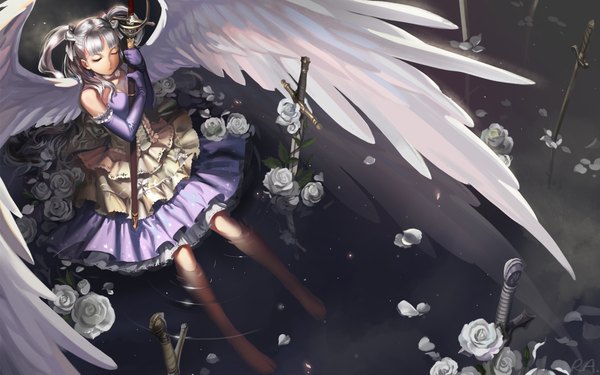 Anime picture 1920x1200 with alphonse (white datura) highres wide image twintails eyes closed barefoot grey hair angel wings angel dress gloves flower (flowers) bow weapon hair bow petals sword wings water elbow gloves
