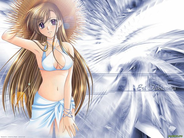 Anime picture 1024x768 with eji jakizaura long hair open mouth brown hair purple eyes very long hair midriff girl navel hat bracelet straw hat