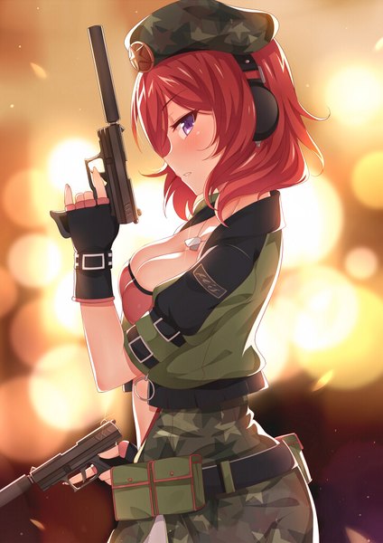 Anime picture 720x1018 with love live! school idol project sunrise (studio) love live! nishikino maki mmrailgun single tall image blush short hair purple eyes cleavage red hair profile girl uniform weapon headphones gun military uniform pistol