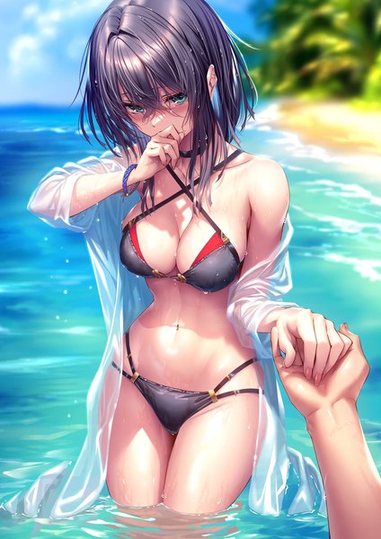Anime picture 849x1200 with hanikami kanojo chigami hikage piromizu tall image looking at viewer blush fringe short hair breasts blue eyes light erotic black hair hair between eyes large breasts sky cleavage outdoors head tilt arm up blurry