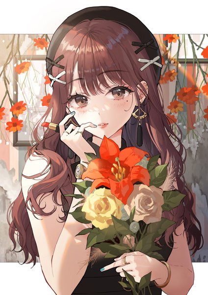 Anime picture 1768x2500 with original okuma mai single long hair tall image looking at viewer blush fringe highres brown hair holding brown eyes upper body blunt bangs parted lips arm up mole sleeveless mole under eye wavy hair