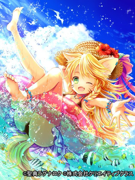 Anime picture 600x800 with original herz long hair tall image looking at viewer fringe open mouth light erotic blonde hair bare shoulders green eyes animal ears sky cloud (clouds) bent knee (knees) tail braid (braids) animal tail one eye closed barefoot