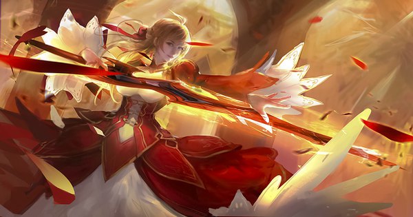 Anime picture 1206x634 with fate (series) fate/extra nero claudius (fate) (all) nero claudius (fate) kang kang zi single long hair looking at viewer fringe blonde hair smile wide image standing holding green eyes ahoge wind outstretched arm fighting stance girl
