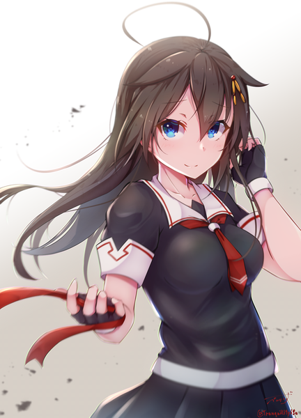Anime-Bild 1800x2500 mit kantai collection shigure destroyer baileys (tranquillity650) single long hair tall image looking at viewer blush fringe highres blue eyes black hair simple background smile hair between eyes standing holding signed payot ahoge