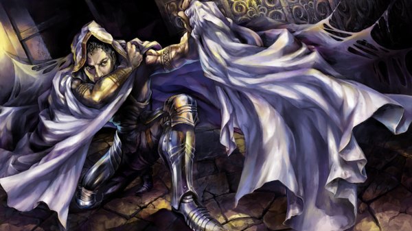 Anime picture 2560x1440 with dragon's crown vanillaware single highres short hair wide image sitting holding green eyes grey hair tattoo boy armor hood mantle