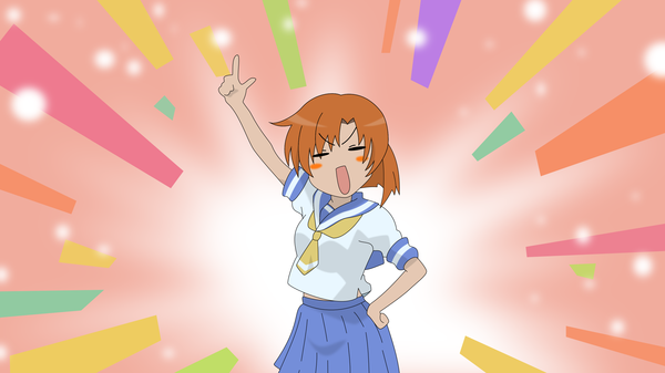 Anime picture 3200x1800 with higurashi no naku koro ni studio deen ryuuguu rena single blush highres short hair open mouth simple background brown hair wide image eyes closed pleated skirt arm up short sleeves hand on hip vector glow blush stickers girl