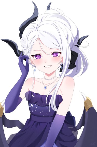Anime picture 1457x2215 with blue archive hina (blue archive) hina (dress) (blue archive) yoshiki 3821 single long hair tall image looking at viewer blush simple background smile white background purple eyes silver hair horn (horns) grin official alternate costume girl dress gloves