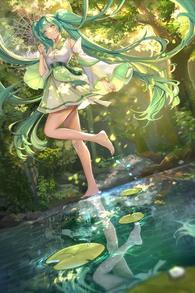 Anime-Bild 1320x1982 mit vocaloid hatsune miku arua single tall image smile standing twintails looking away full body outdoors barefoot aqua eyes green hair bare legs standing on one leg reflection girl plant (plants) detached sleeves