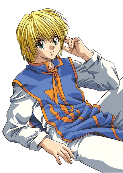 Anime picture 1300x1818 with hunter x hunter kurapica single tall image short hair simple background blonde hair white background green eyes light smile reclining boy