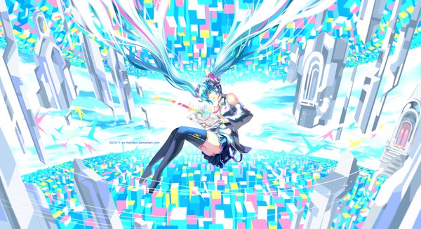 Anime picture 1600x873 with vocaloid hatsune miku myhilary single smile wide image twintails very long hair nail polish pleated skirt aqua eyes aqua hair tattoo girl thighhighs detached sleeves miniskirt