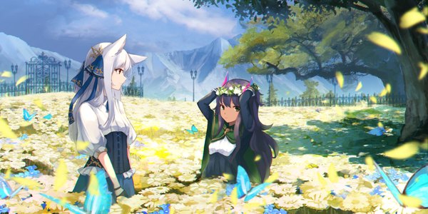 Anime picture 3500x1750 with original mashiro (sagiri) stia (sagiri) sagiri (ulpha220) long hair looking at viewer fringe highres black hair hair between eyes red eyes wide image multiple girls brown eyes animal ears looking away sky cloud (clouds) outdoors white hair