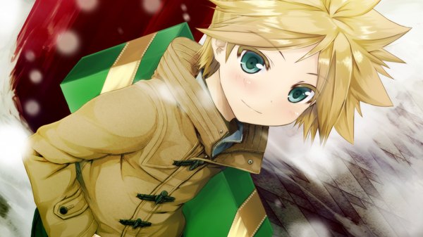 Anime picture 1920x1080 with vocaloid kagamine len daidou (demitasse) single blush highres short hair blonde hair wide image green eyes dutch angle snowing winter snow boy gift