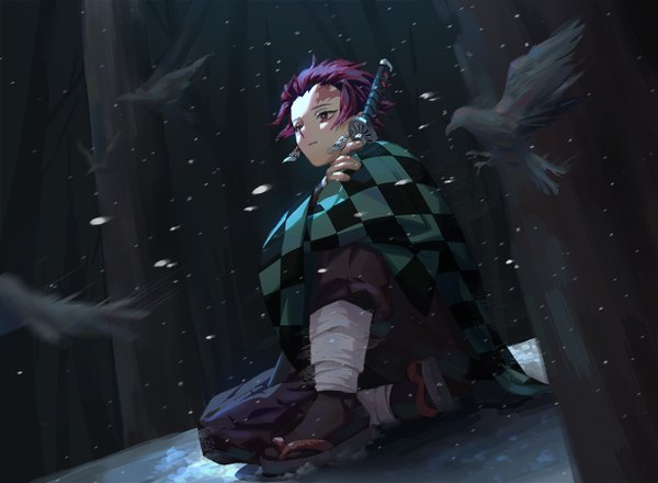 Anime picture 1226x900 with kimetsu no yaiba ufotable kamado tanjirou e3bu short hair red eyes sitting holding looking away outdoors red hair parted lips wind night dutch angle snowing scar snow flying boy