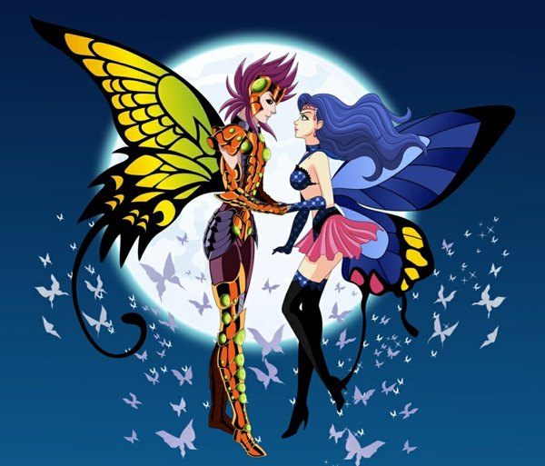 Anime picture 1000x856 with bishoujo senshi sailor moon saint seiya toei animation sailor heavy metal papillon myu de papillon sparks220stars (artist) long hair standing blue hair sky purple hair profile couple holding hands wavy hair face to face eye contact crossover insect wings butterfly wings
