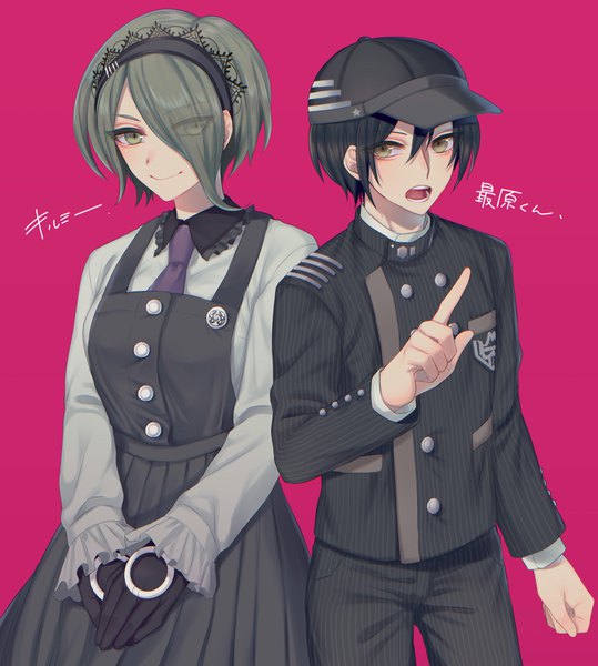 Anime picture 3072x3417 with dangan ronpa new danganronpa v3 saihara shuuichi toujou kirumi kureijii kinoko tall image fringe highres short hair open mouth black hair simple background smile hair between eyes green eyes looking away absurdres green hair hair over one eye teeth