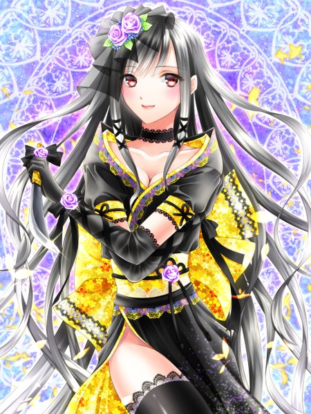 Anime picture 960x1280 with original takaaya kazuka single long hair tall image looking at viewer blush red eyes grey hair girl thighhighs gloves hair ornament flower (flowers) black thighhighs elbow gloves