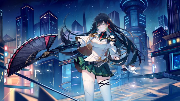 Anime picture 8000x4500 with tower of fantasy lin (tower of fantasy) sheya single long hair fringe highres black hair hair between eyes wide image standing green eyes signed absurdres pleated skirt mole mole under eye city skindentation cityscape