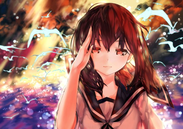 Anime picture 4960x3507 with kantai collection fubuki destroyer leung ka che single looking at viewer blush fringe highres short hair red eyes brown hair absurdres sky cloud (clouds) red hair multicolored hair fingernails wind sunlight lens flare