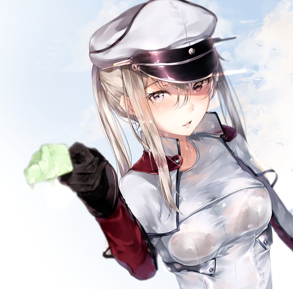 Anime picture 3075x3035 with kantai collection graf zeppelin (kantai collection) hplay (kyoshinou) single long hair looking at viewer blush fringe highres breasts open mouth light erotic blonde hair smile hair between eyes purple eyes twintails holding payot absurdres