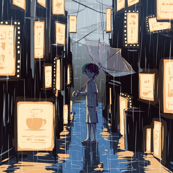 Anime picture 800x800 with original avogado6 single looking at viewer short hair black hair standing holding full body outdoors short sleeves reflection rain city lights transparent umbrella boy umbrella sandals signboard