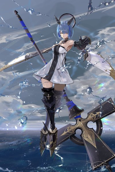 Anime picture 2000x3000 with azur lane gascogne (azur lane) kdm (ke dama) single tall image looking at viewer fringe highres short hair breasts hair between eyes standing bare shoulders holding signed yellow eyes blue hair sky cleavage cloud (clouds)