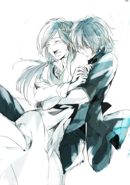 Anime picture 900x1273 with original futami jun long hair tall image short hair open mouth white background eyes closed pointy ears grey hair hug tears monochrome crying twisty sleeves hug from behind sketch girl dress boy