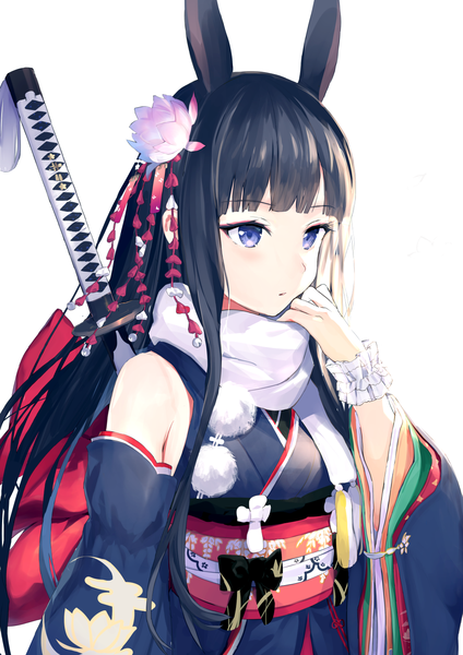 Anime picture 1059x1500 with original nanotaro single long hair tall image blush fringe blue eyes black hair simple background white background bare shoulders animal ears payot looking away upper body blunt bangs traditional clothes japanese clothes wide sleeves