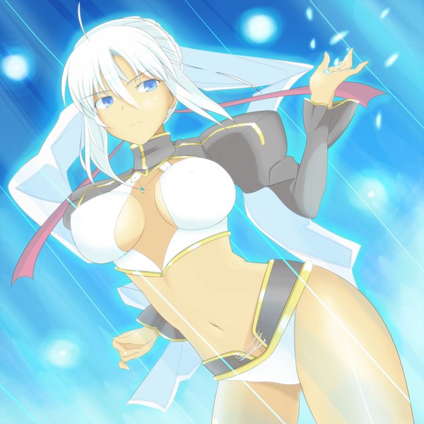 Anime picture 1500x1500 with fate/stay night studio deen type-moon artoria pendragon (all) saber typemoonfate single short hair breasts blue eyes light erotic large breasts looking away cleavage white hair legs girl navel choker