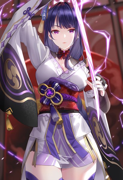 Anime picture 856x1250 with genshin impact raiden shogun kfr single long hair tall image looking at viewer fringe breasts standing purple hair blunt bangs nail polish traditional clothes japanese clothes pink eyes arm up mole wide sleeves mole under eye