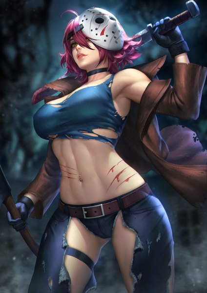 Anime picture 2480x3508 with friday the 13th jason vorhees nudtawut thongmai single tall image fringe highres short hair light erotic standing holding brown eyes looking away pink hair ahoge blurry hair over one eye realistic off shoulder open jacket