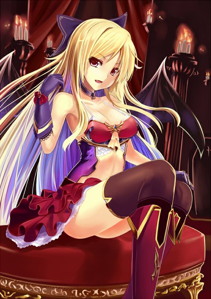 Anime picture 613x867 with original taletale single long hair tall image looking at viewer fringe open mouth light erotic blonde hair red eyes sitting bare shoulders pink hair purple hair bent knee (knees) teeth bare belly fang (fangs) black wings