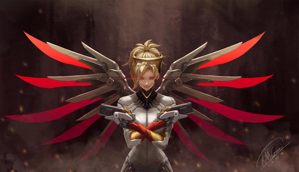 Anime picture 3431x1984 with overwatch blizzard entertainment mercy (overwatch) shou mai single looking at viewer fringe highres breasts red eyes wide image standing holding signed ponytail head tilt lips glowing dark background crossed arms