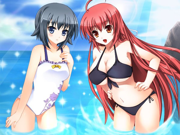 Anime picture 1200x900 with sengoku hime 2 long hair short hair breasts blue eyes light erotic red eyes large breasts multiple girls blue hair game cg red hair very long hair girl 2 girls swimsuit bikini black bikini one-piece swimsuit white swimsuit